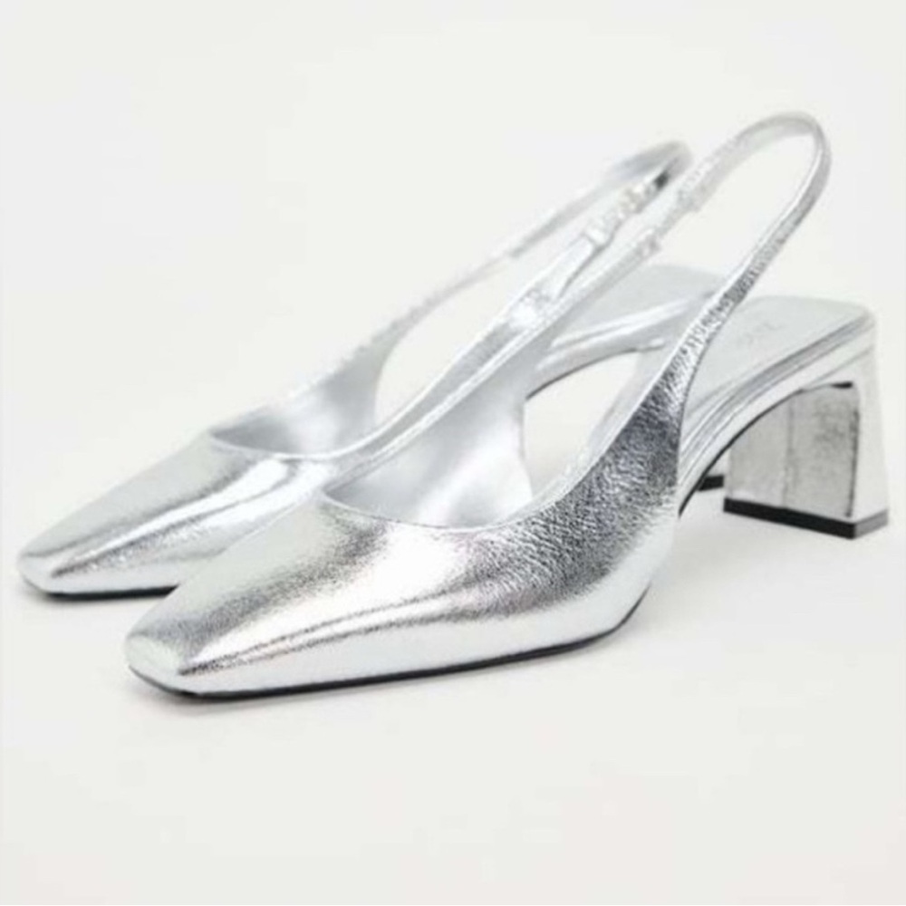 Zara Silver Size 41 Block Heel Slingbacks